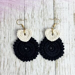 Elegant Black and Cream Handmade Crochet Earrings
